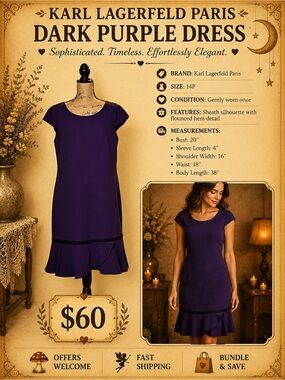 Karl Lagerfeld Purple Sheath Dress 14P Elegant Short Sleeves
